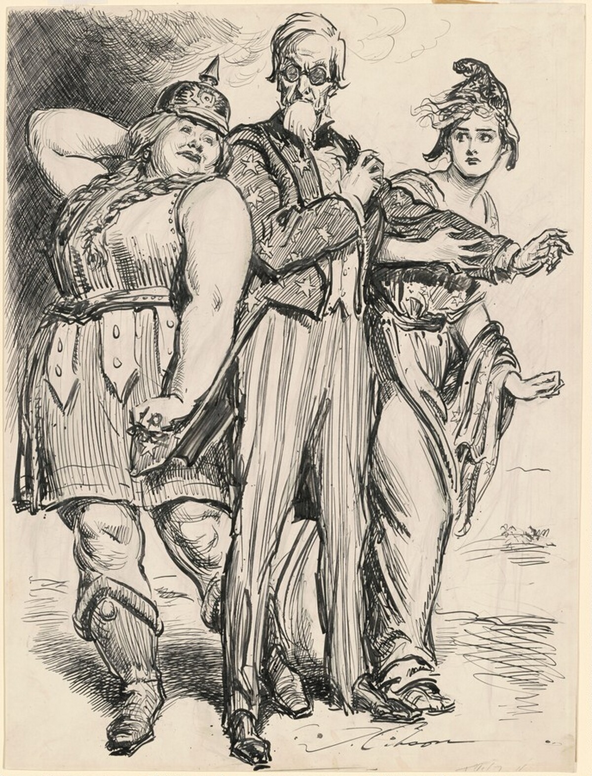 Uncle Sam Shielding France from Germania