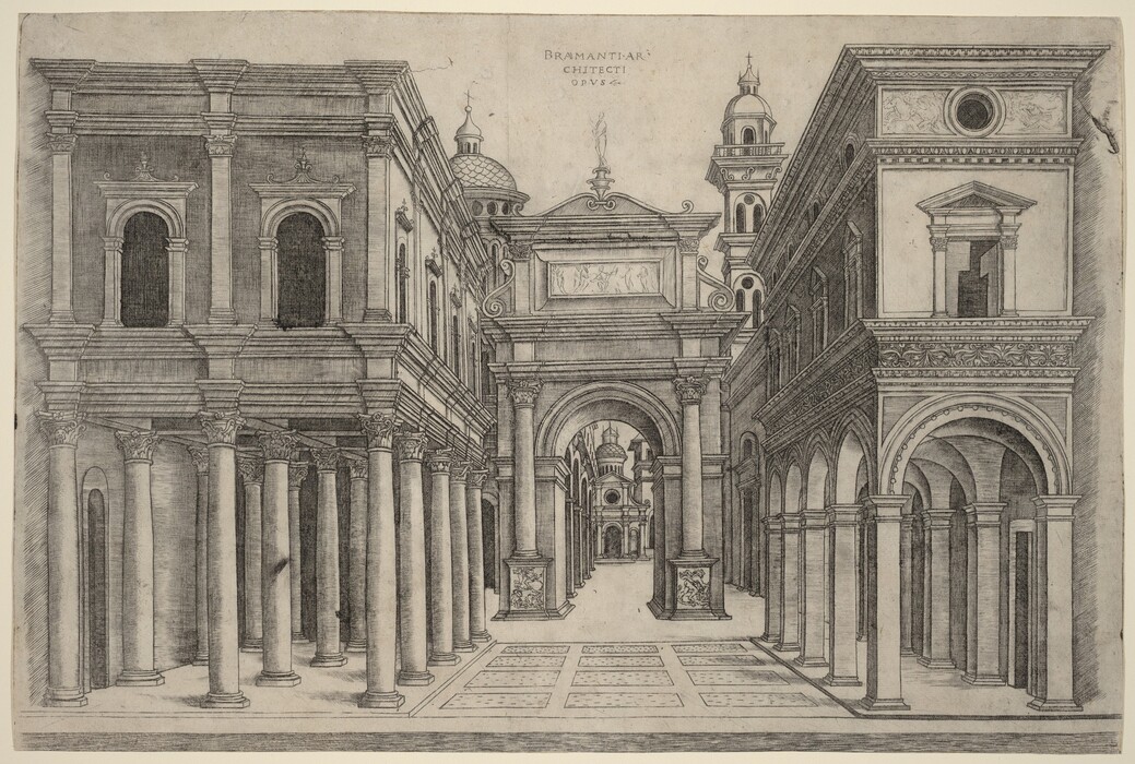 This is a drawing of an elaborate architectural scene with classical colonnade and arches. The drawing showcases a symmetrical perspective of a monumental Renaissance-style architectural structure. It includes columns with Corinthian capitals supporting entablatures, a central archway leading to another ornate structure in the background, and decorative elements such as niches and friezes on the buildings. The precision and clarity of line work emphasize the grandeur of the architecture. The style indicates inspiration from Renaissance architects like Bramante, focusing on proportion, geometry, and classicism.
