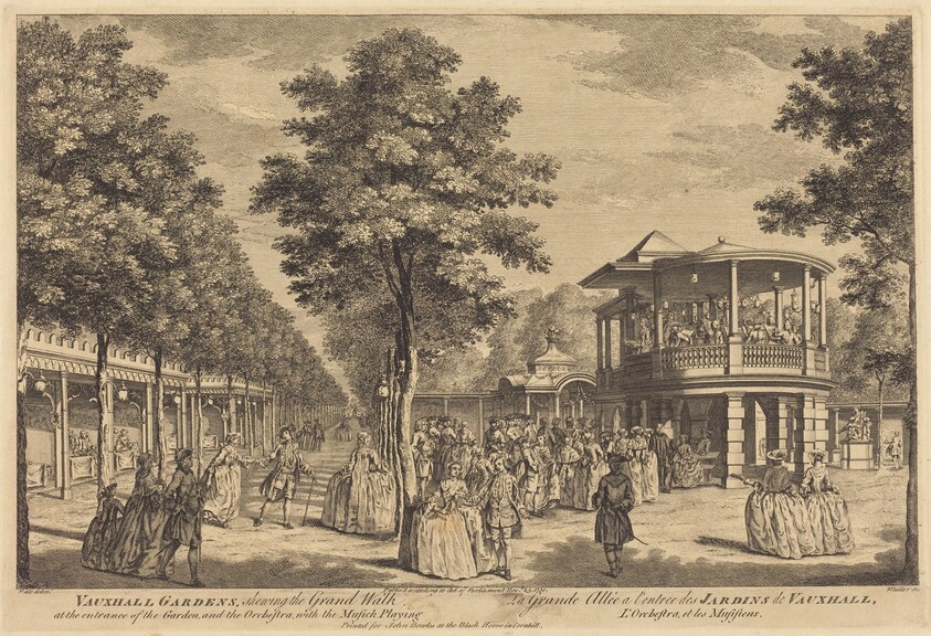 Vauxhall Gardens shewing the Grand Walk at the Entrance of the Garden and the Orchestra with Musick Playing