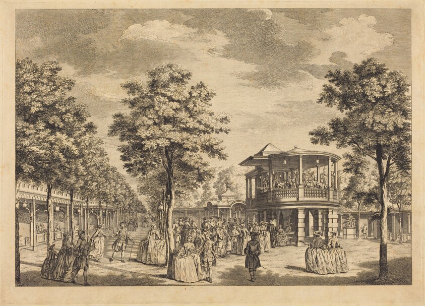 Vauxhall Gardens shewing the Grand Walk at the Entrance of the Garden and the Orchestra with Musick Playing