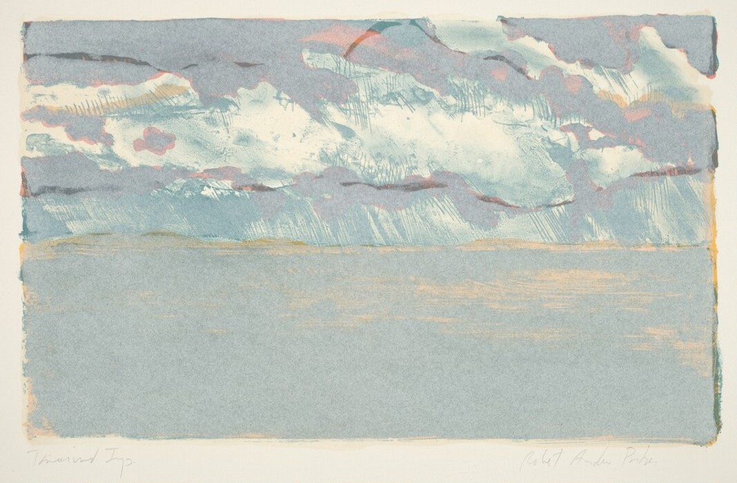 The image shows a vast open landscape with land meeting the sky at the horizon in the middle of the image. The sky displays soft layers of clouds in pale blue, pink, gray, and muted cream. The clouds suggest movement and add texture and depth to the sky. The overall color palette includes soft pastels of cool blues, grays, warm pinks, and creams. The land closest to us appears as a flat, uniform expanse in pale blue-gray with subtle variations for texture. Brushwork emphasizes a painterly technique, creating visible marks for a dynamic and textured scene.