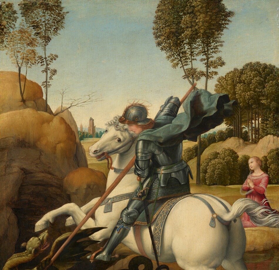 A man wearing armor, sitting astride a cream-white horse, drives a long lance down at a lizard-like dragon as a woman kneels with her hands in prayer in the landscape beyond in this vertical painting. Both people have pale skin and thin, gold halos floating above their heads. At the center of the composition, the man faces our left in profile as he looks down at the creature. The man has a straight nose and honey-brown hair under his gold-trimmed, pewter-gray helmet. Armor covers his entire body, and a celestial-blue cape billows behind him from where it fastens around his neck. A narrow, indigo-blue and gold band is tied around his left calf, and is inscribed with the word “HONI.” A black sword hangs from his left side. The horse is white with a silvery-white mane and tail. It rears on its hind legs as it turns its head to look at us with hazel-brown eyes. The horse wears a blue saddle and bridle, the same color as the man’s cape, trimmed with gold. A strap around the horse’s neck is painted in gold with the name, “RAPHELLO.” The rider thrusts his foot into the stirrup we can see as he plunges a lance down at the dragon under the horse’s front feet. The dragon has tawny brown skin with a mint green, dog-like head. It grips the earth with clawed feet as at pushes at the lance with one front foot. It twists its long, snake-like neck to look at the man with dark eyes. The dragon opens its pointed snout to show its teeth, and bat-like wings splay out. A tall outcropping over a cave rises along the left edge of the composition, behind the dragon. In a field a little farther back, to our right, the woman kneels with her body angled to our left. She tilts her head away from us and gazes past the man and horse. She has a straight nose, pale pink, bow-shaped lips, and her blond hair is pulled back in a bun. She wears a ruby-red dress and a sheer white wrap around her shoulders and across her arms. Around the woman, straw-yellow hills with bands of pine-green trees roll into the distance. Two terracotta-orange towers rise from a row of trees along the horizon. A few taller trees are outlined against the baby-blue sky, which lightens toward the horizon.