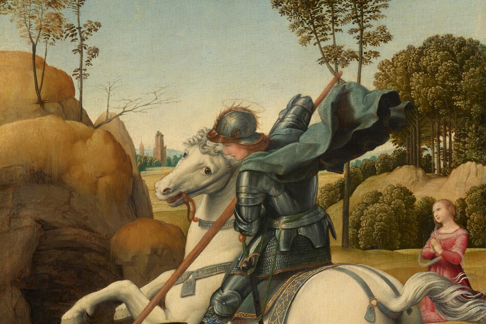 A man wearing armor, sitting astride a cream-white horse, drives a long lance down at a lizard-like dragon as a woman kneels with her hands in prayer in the landscape beyond in this vertical painting. Both people have pale skin and thin, gold halos floating above their heads. At the center of the composition, the man faces our left in profile as he looks down at the creature. The man has a straight nose and honey-brown hair under his gold-trimmed, pewter-gray helmet. Armor covers his entire body, and a celestial-blue cape billows behind him from where it fastens around his neck. A narrow, indigo-blue and gold band is tied around his left calf, and is inscribed with the word “HONI.” A black sword hangs from his left side. The horse is white with a silvery-white mane and tail. It rears on its hind legs as it turns its head to look at us with hazel-brown eyes. The horse wears a blue saddle and bridle, the same color as the man’s cape, trimmed with gold. A strap around the horse’s neck is painted in gold with the name, “RAPHELLO.” The rider thrusts his foot into the stirrup we can see as he plunges a lance down at the dragon under the horse’s front feet. The dragon has tawny brown skin with a mint green, dog-like head. It grips the earth with clawed feet as at pushes at the lance with one front foot. It twists its long, snake-like neck to look at the man with dark eyes. The dragon opens its pointed snout to show its teeth, and bat-like wings splay out. A tall outcropping over a cave rises along the left edge of the composition, behind the dragon. In a field a little farther back, to our right, the woman kneels with her body angled to our left. She tilts her head away from us and gazes past the man and horse. She has a straight nose, pale pink, bow-shaped lips, and her blond hair is pulled back in a bun. She wears a ruby-red dress and a sheer white wrap around her shoulders and across her arms. Around the woman, straw-yellow hills with bands of pine-green trees roll into the distance. Two terracotta-orange towers rise from a row of trees along the horizon. A few taller trees are outlined against the baby-blue sky, which lightens toward the horizon.