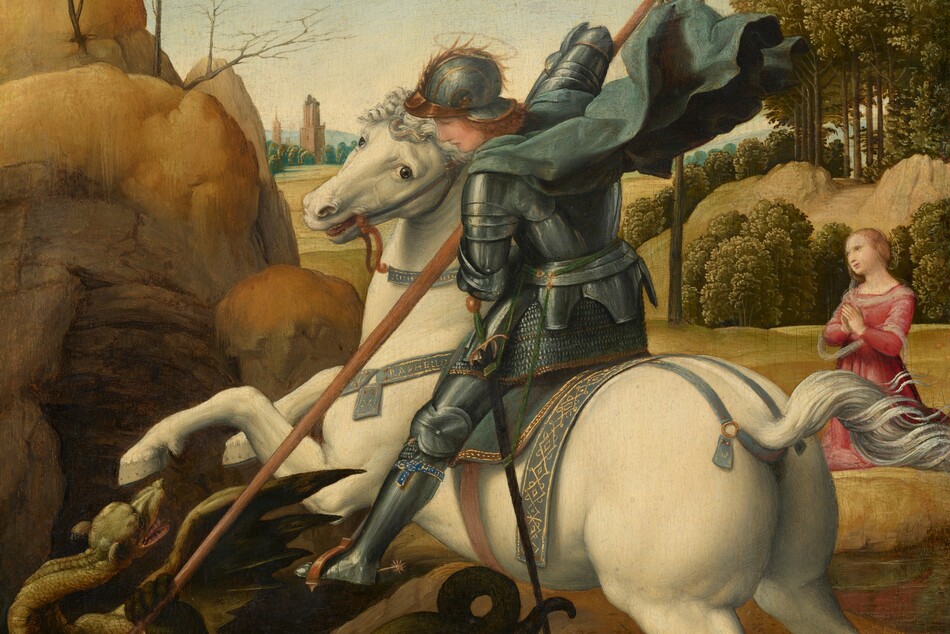 A man wearing armor, sitting astride a cream-white horse, drives a long lance down at a lizard-like dragon as a woman kneels with her hands in prayer in the landscape beyond in this vertical painting. Both people have pale skin and thin, gold halos floating above their heads. At the center of the composition, the man faces our left in profile as he looks down at the creature. The man has a straight nose and honey-brown hair under his gold-trimmed, pewter-gray helmet. Armor covers his entire body, and a celestial-blue cape billows behind him from where it fastens around his neck. A narrow, indigo-blue and gold band is tied around his left calf, and is inscribed with the word “HONI.” A black sword hangs from his left side. The horse is white with a silvery-white mane and tail. It rears on its hind legs as it turns its head to look at us with hazel-brown eyes. The horse wears a blue saddle and bridle, the same color as the man’s cape, trimmed with gold. A strap around the horse’s neck is painted in gold with the name, “RAPHELLO.” The rider thrusts his foot into the stirrup we can see as he plunges a lance down at the dragon under the horse’s front feet. The dragon has tawny brown skin with a mint green, dog-like head. It grips the earth with clawed feet as at pushes at the lance with one front foot. It twists its long, snake-like neck to look at the man with dark eyes. The dragon opens its pointed snout to show its teeth, and bat-like wings splay out. A tall outcropping over a cave rises along the left edge of the composition, behind the dragon. In a field a little farther back, to our right, the woman kneels with her body angled to our left. She tilts her head away from us and gazes past the man and horse. She has a straight nose, pale pink, bow-shaped lips, and her blond hair is pulled back in a bun. She wears a ruby-red dress and a sheer white wrap around her shoulders and across her arms. Around the woman, straw-yellow hills with bands of pine-green trees roll into the distance. Two terracotta-orange towers rise from a row of trees along the horizon. A few taller trees are outlined against the baby-blue sky, which lightens toward the horizon.