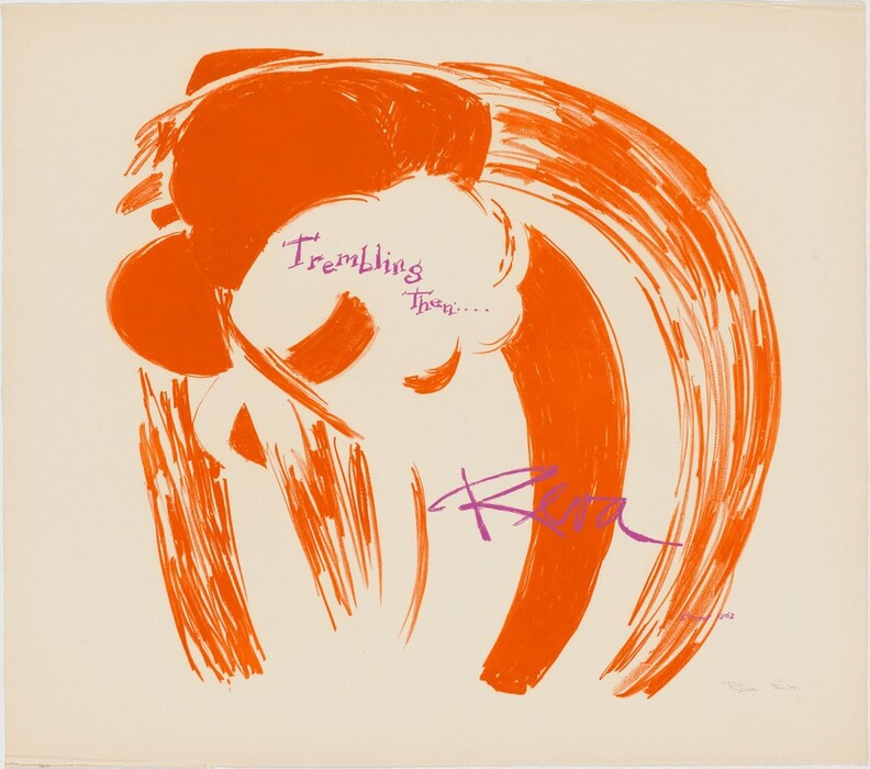 The image consists of sweeping red lines forming an abstract figure or wave-like shape. The composition suggests motion or embrace, resembling a dancer's movement or a billowing sail. Purple text reads "Trembling Then..." and "Riva," adding an element of intrigue similar to diary entries.