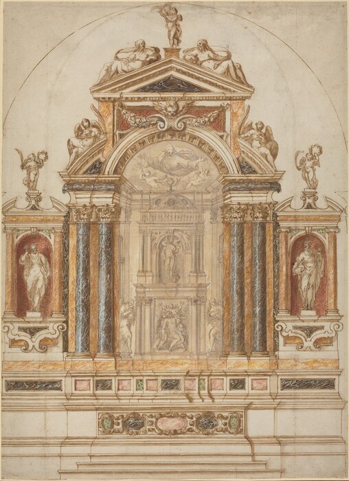 This is a drawing of an ornate architectural altar design. It includes a central section dominated by intricate architectural features such as tall columns and detailed carvings. The structure is adorned with classical figures, including reclining nudes and cherubic forms, which flank the top and sides. The drawing showcases a symmetrical design with sculpted niches housing statues of classical figures on either side. The base of the structure is embellished with colorful decorative elements and intricate details.