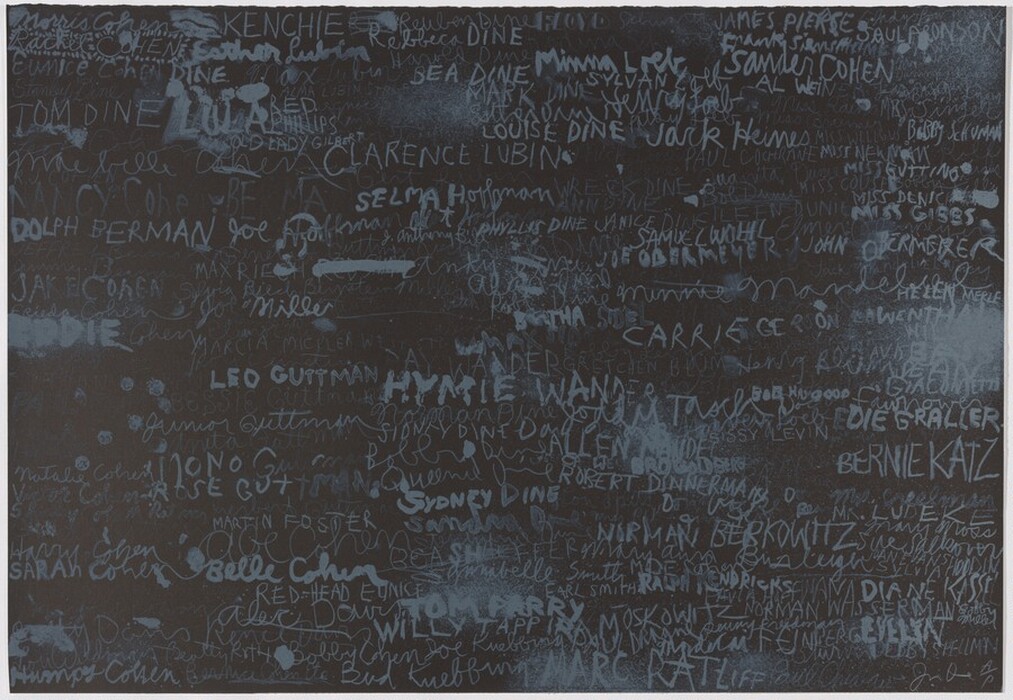 The image showcases an intricate arrangement of overlapping lines and shapes. The design predominantly consists of handwritten words and names in different sizes and orientations. The abstract composition combines the beauty of human handwriting with a structured layout. The collection of names and phrases resembles a wall covered with graffiti or signatures. The bright and dim colors against a dark background emphasize the texture and depth within the abstract design.