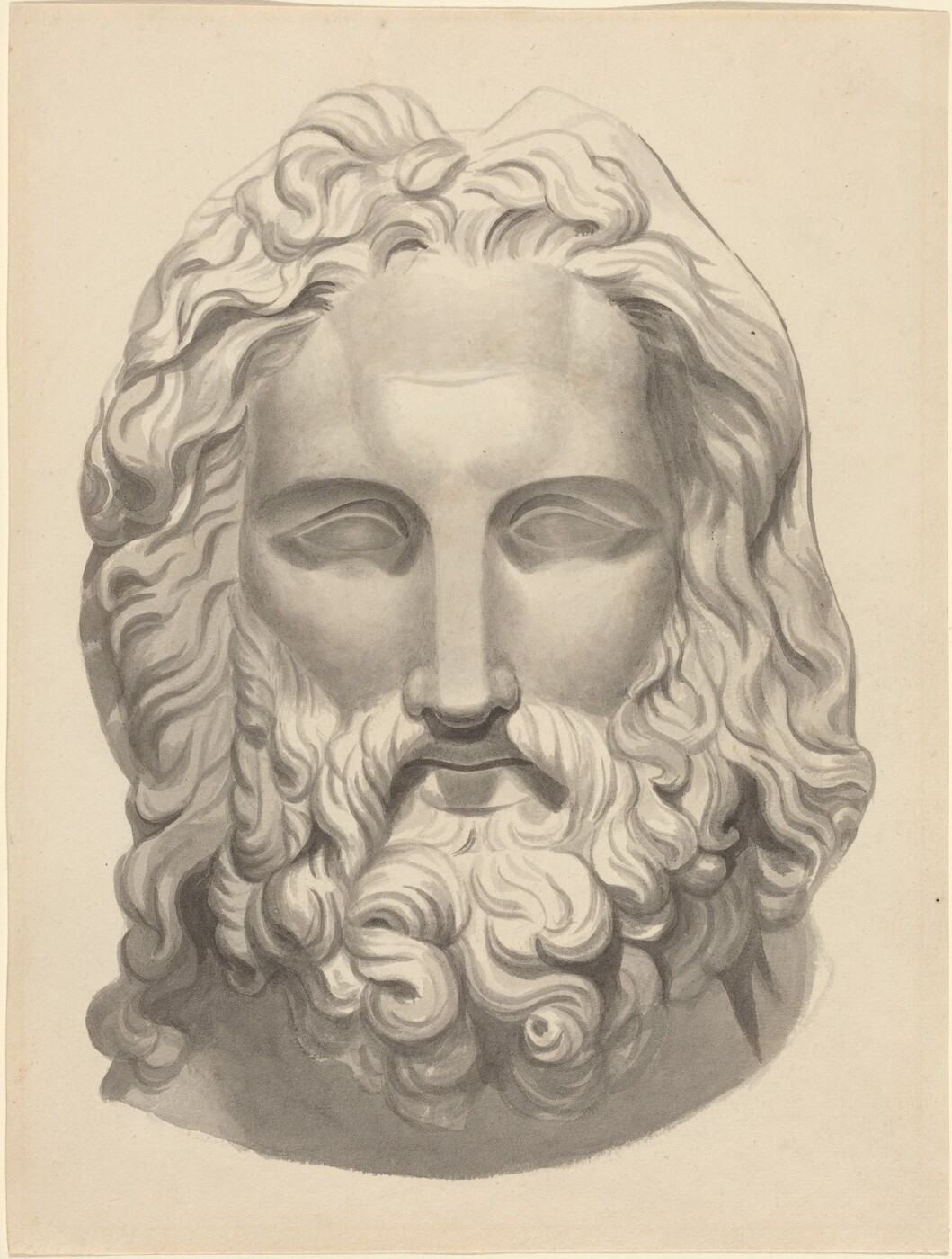 This is a drawing of a classical sculpture's head. The drawing features the head of a bearded figure rendered in grayscale, conveying three-dimensional depth through shading and highlights. The hair and beard are intricately detailed with curling strands. The face carries a serene and noble expression with prominent brow ridges and a straight nose. The eyes are hollow, characteristic of sculptural representations, enhancing the classical aesthetic of the piece. The attention to detail and smooth transitions in shading suggest it might be a study of an ancient statue.