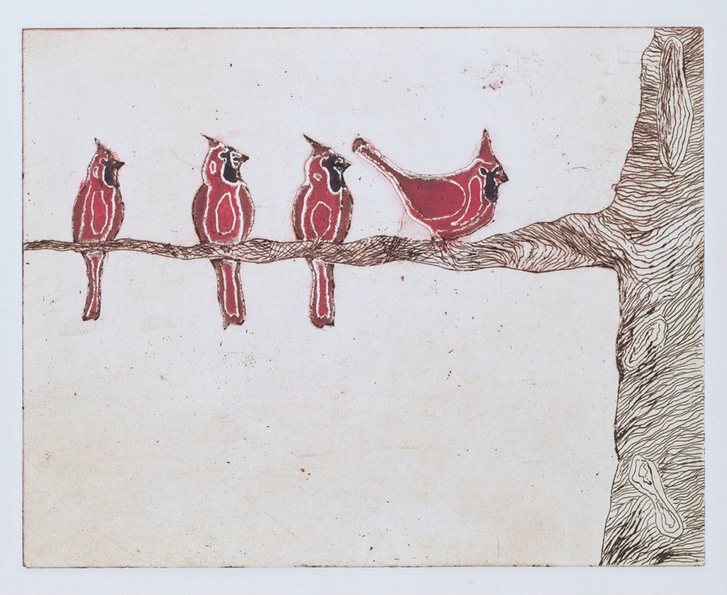 Four Cardinals on a Branch, Joan Rosenwald Scott, 1976