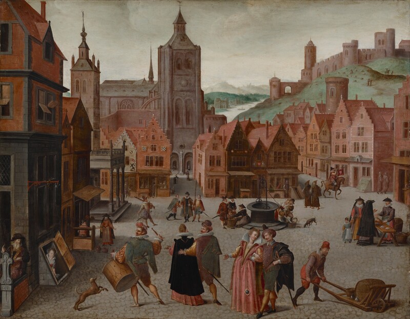 We look slightly down onto a scene with people gathering in small groups in a cobblestone town square lined with rows of brick, wood, and stone buildings, many with stepped rooflines, in this horizontal painting. Singly or in pairs or trios, men, women, and children walk across the square, move goods around, or talk to merchants. All the people have light skin. Many of the men have mustaches and wear hats, and some carry swords. In tones of black, olive green, brick red, and plum purple, they wear hip-length cloaks over jackets, with white collars or ruffs and brass buttons, and knee-length breeches over yellow or black stockings. The women all wear long dresses in salmon pink, coral red, or golden yellow, with white collars or ruffs, and many wear black, ankle-length cloaks, some with hoods. Closest to us, a sumptuously dressed man and woman walk toward us while another similarly elegant couple walks away. Also facing away from us, to our left, a man wearing a large drum strapped around his waist raises one drumstick as he looks over his left shoulder. Nearby, a woman peers up out of a cellar door that opens on an angle to the street. More couples gather around a well across the square, and two women and a child talk to a third woman selling wares at a wooden table to our right. A pair of hooded priests or monks walk near a man blowing on a trumpet on horseback. The buildings are mostly shades of brick red and brown, and most have three or four stories with steeply pitched roofs. More people walk along side streets leading off the main square. One gap in the buildings across from us leads to a nickel-gray stone church with a pointed spire and square tower. A grassy, green hill rises steeply beyond the buildings to our right, leading down to a waterway that extends up and away into the distance. A few boats float in the water, which reflects the leaden-gray sky. Beyond the town square, a brown stone structure like a fortress with turret towers and crenellated walls looms along the ridge of the hill to our right. Tiny in scale, people on horseback and tending sheep dot the hillside below. The date “1590” is painted on the front of one of the buildings across from us while another date, “1597,” is painted on the end of a short wall near the lower left corner.