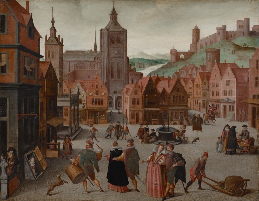We look slightly down onto a scene with people gathering in small groups in a cobblestone town square lined with rows of brick, wood, and stone buildings, many with stepped rooflines, in this horizontal painting. Singly or in pairs or trios, men, women, and children walk across the square, move goods around, or talk to merchants. All the people have light skin. Many of the men have mustaches and wear hats, and some carry swords. In tones of black, olive green, brick red, and plum purple, they wear hip-length cloaks over jackets, with white collars or ruffs and brass buttons, and knee-length breeches over yellow or black stockings. The women all wear long dresses in salmon pink, coral red, or golden yellow, with white collars or ruffs, and many wear black, ankle-length cloaks, some with hoods. Closest to us, a sumptuously dressed man and woman walk toward us while another similarly elegant couple walks away. Also facing away from us, to our left, a man wearing a large drum strapped around his waist raises one drumstick as he looks over his left shoulder. Nearby, a woman peers up out of a cellar door that opens on an angle to the street. More couples gather around a well across the square, and two women and a child talk to a third woman selling wares at a wooden table to our right. A pair of hooded priests or monks walk near a man blowing on a trumpet on horseback. The buildings are mostly shades of brick red and brown, and most have three or four stories with steeply pitched roofs. More people walk along side streets leading off the main square. One gap in the buildings across from us leads to a nickel-gray stone church with a pointed spire and square tower. A grassy, green hill rises steeply beyond the buildings to our right, leading down to a waterway that extends up and away into the distance. A few boats float in the water, which reflects the leaden-gray sky. Beyond the town square, a brown stone structure like a fortress with turret towers and crenellated walls looms along the ridge of the hill to our right. Tiny in scale, people on horseback and tending sheep dot the hillside below. The date “1590” is painted on the front of one of the buildings across from us while another date, “1597,” is painted on the end of a short wall near the lower left corner.