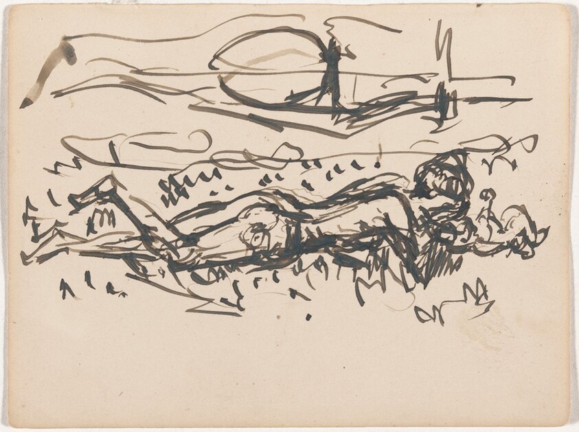 Female Nude Lying on Ground with Baby