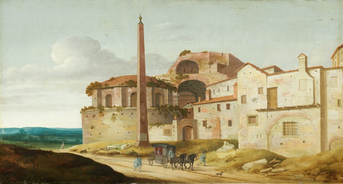 A sand-colored church dominates the right two thirds of this canvas in this horizontal landscape. Low-lying blue-green mountains recede into the deep distance to our left. To our right, the building is made up of staggered, squared-off walls with rectangular windows set at seemingly irregular intervals. To the left and near the center of the composition, a circular building has a low domed roof. Plants growing on the building suggest that this is a ruin. A tall obelisk stands in front of the round portion of the church, to the left of center in the composition. We look into the arched ruins or construction of another building behind and above the church. A dirt road crosses diagonally from our left to right in front of the structure. A person wearing a red hat and purple robe sits inside a carriage drawn by two black horses. The driver wears a blue uniform, as do two men walking alongside the carriage.
