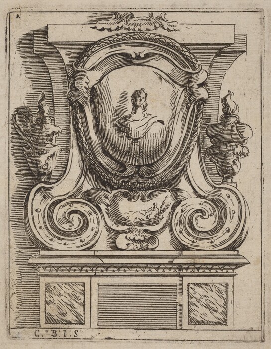 This is a drawing of an ornate architectural cartouche featuring a bust. The drawing depicts a classical decorative element, comprised of an embellished frame or shield. Within the center of the cartouche is an engraved depiction of a bust, set against a background with subtle details. The cartouche is surrounded by decorative scrollwork and intricately carved embellishments, showcasing a high level of craftsmanship. The use of shading and line work details suggest depth and texture throughout the design.