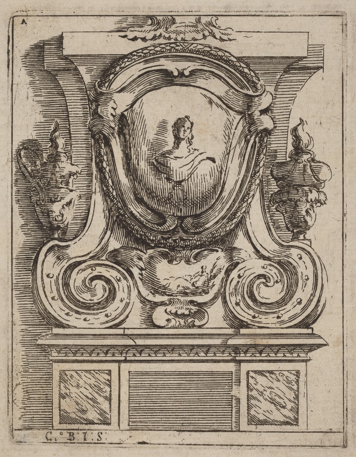 Architectural Motif with Bust and Two Lamps