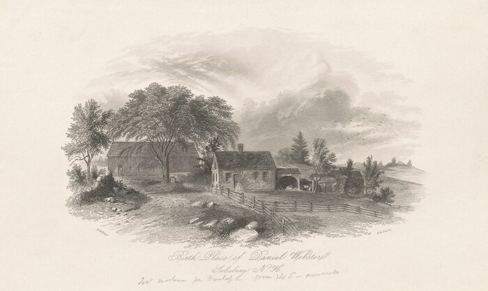The image depicts a rural scene with buildings, trees, a road, and the sky. The perspective is from an elevated position, showing a wide view of the landscape. The horizon is slightly above the center with a slope meeting the sky. There are buildings like a house and a barn on the left, surrounded by large trees casting shadows. The style of the image is detailed with fine lines, resembling an engraving. The color scheme is gray, emphasizing contrast and form. A road with a wooden fence leads into the scene, and the sky has soft clouds and diffused light.