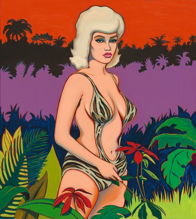 A blond, buxom woman with peach-colored skin wears a leopard-print bathing suit against an abstracted, colorful garden setting in this vertical painting. The woman’s features and body are outlined in dark red and minimally shaded, giving it a cartoonish look. The woman’s body is angled to our right, and she looks off in that direction with hooded hazel eyes lined with blue shadow. She has a button nose, and her full, hot-pink lips are closed. A line at the side of her face suggests high cheekbones. Blond bangs create a wave across her forehead, and her hair falls to her shoulders. The bathing suit has narrow straps over the shoulders that swell to cover about half of her full breasts. The bands continue down her torso and meet the brief-like bottom. She holds a plan by its stem with one hand, and we can see one red-painted fingernail. Her other arm disappears on the far side of her body. Bright green leaves and a red, long-petaled flower blossom grow between us and her legs. Bands of mostly flat color behind her create the impression of grass in acid green, taller brush in midnight blue, distant trees in violet-purple behind her shoulders, and a higher level of canopies silhouetted in black against a scarlet-red sky.
