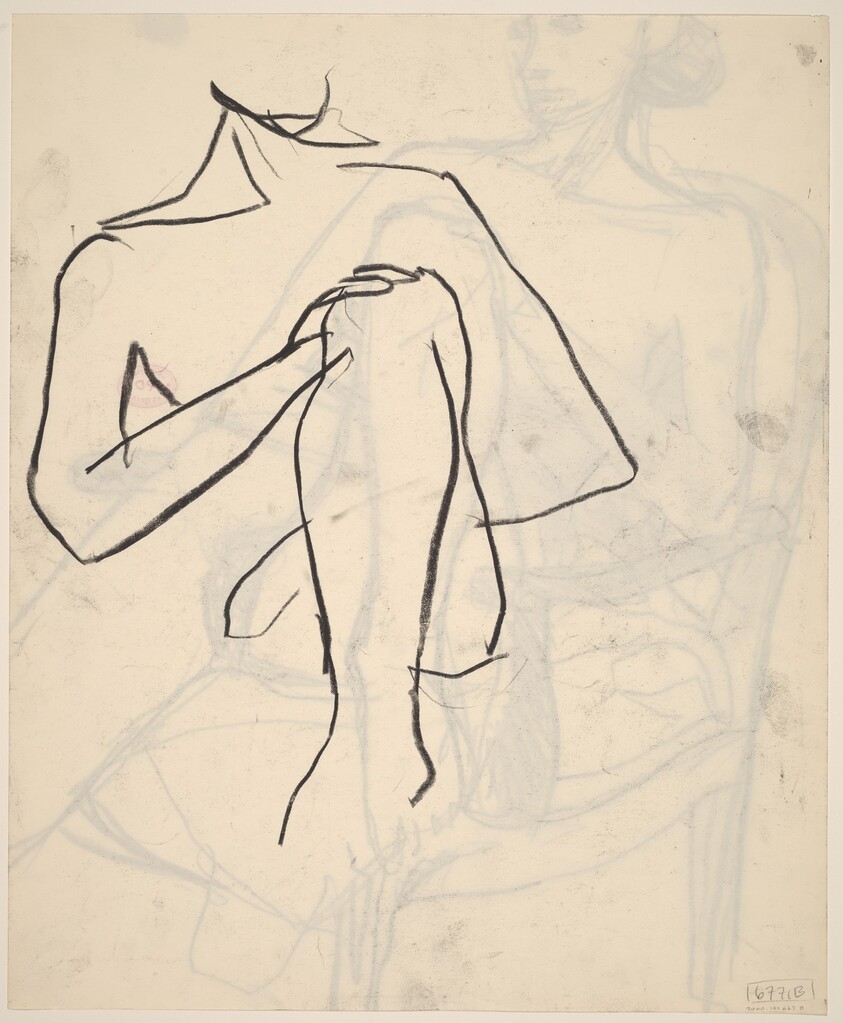 Untitled [detail of a model resting her hand on her knee] [verso]