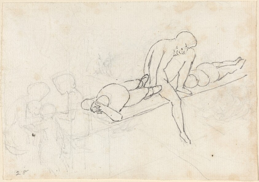 Seated Man Flanked by Two Reclining Figures; Huddle of Figures in Lower Left Corner