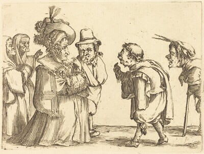 “A Lady Greeted by a Dwarf”. The image shows five individuals interacting.