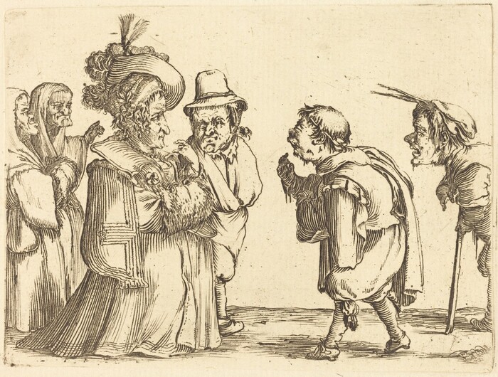 The image shows five individuals interacting. The central figure is an older person wearing elaborate clothing with a large hat and a feather, and a garment with fur-lined sleeves. This person has curly hair and a prominent nose, looking towards two others on the left who appear to be elderly, both cloaked with hoods or head coverings. To the right, a shorter figure wearing a hat and a cloak stands in front of another individual with a hat featuring long feathers. The latter has short hair and a beard. The background is plain, focusing on the characters. No jewelry or objects are visible.