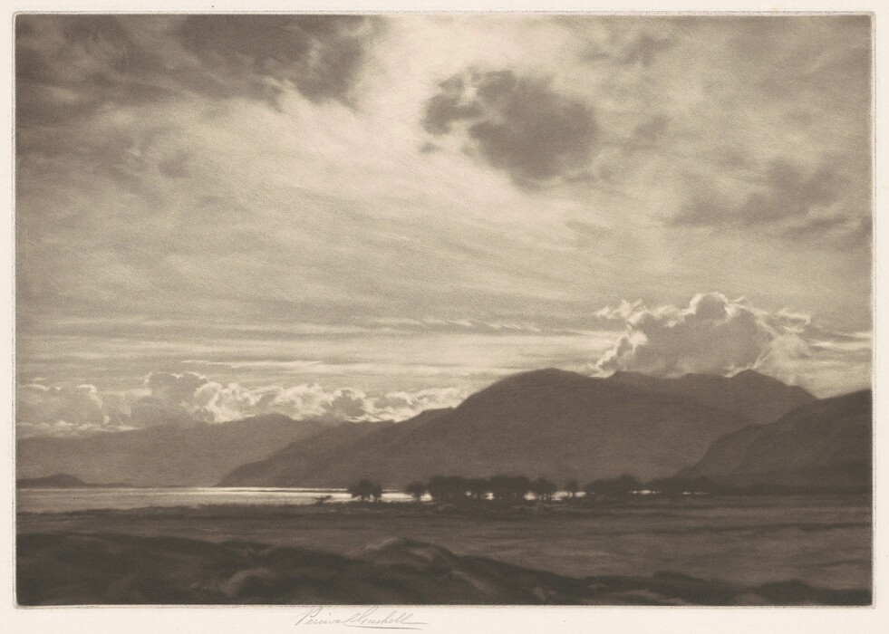 The image displays a landscape with an expansive view of land leading to distant mountains. The horizon is positioned lower in the composition, emphasizing the sky above. Silhouettes of trees and mountains are visible along the horizon. The brushstrokes are soft, capturing the quality of light and shadow. The color palette is monochromatic or sepia-toned, giving a timeless quality to the image. The clouds in the sky are voluminous, casting shadows. Light suggests either early morning or late afternoon, seen by the illumination on the water in the distance.