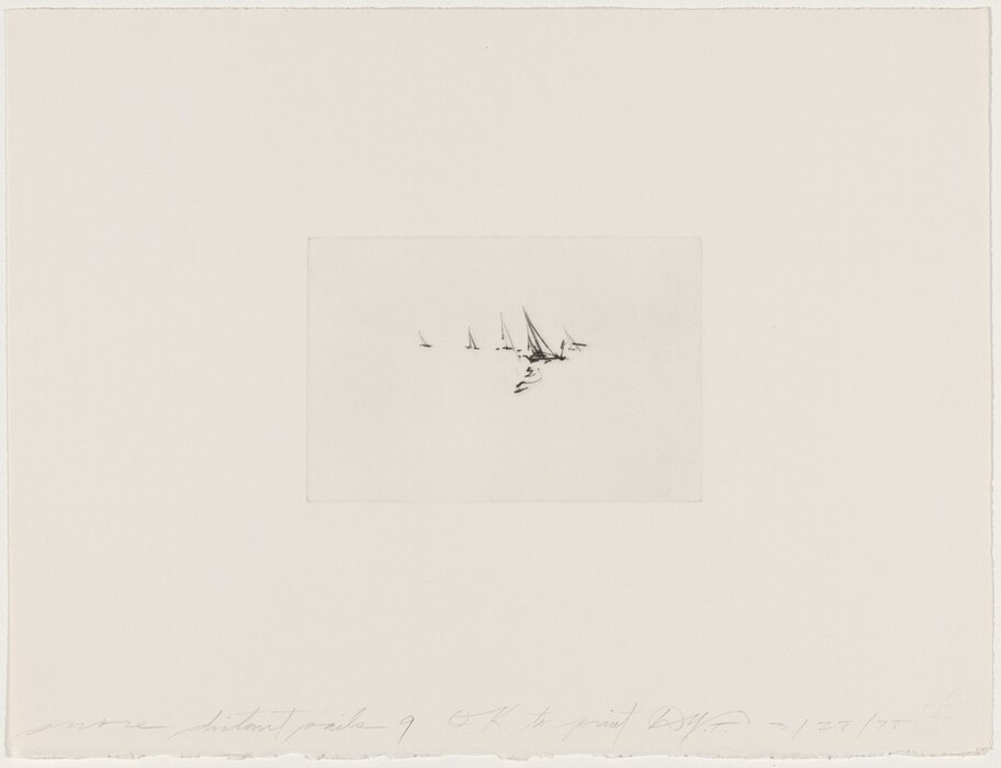The image shows an etching of several sailboats in a minimalist style against a sparse background. The sailboats are delicately rendered with fine brushstrokes in black on a soft off-white background, creating a serene and ethereal visual impact.