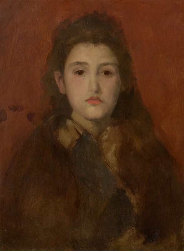 The head and shoulders of a young woman with gold-tinted, pale skin looks out over our right shoulder from against a tomato-red background in this vertical painting. The portrait is created with mostly visible, sinuous brushstrokes that make some details indistinct. With her body facing us, the woman nearly fills this composition. She looks in our direction with large, dark eyes under almost flat brows. She has an oval face, a long nose, and her full, slightly downturned coral-red lips are closed. Her chestnut-brown hair falls loosely down her back. Some locks pour over her left shoulder, to our right, and her hair is tucked behind her other ear. Her hair and clothing are especially loosely painted, so it is difficult to make out what she wears. An area of beige could be a scarf draped around her neck and down her front, or a dark, coffee-brown cloak could be open over a lighter garment beneath. The red background is painted with long, visible brushstrokes, and three dark brown spots are clustered against the background over her right shoulder, to our left.