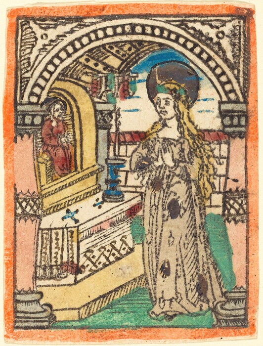 This image features two figures in an ornate interior. One figure stands with long hair, wearing a patterned robe and a large halo or headpiece. They face a seated figure on a throne, dressed in red. The room has detailed architectural elements, including an arched ceiling with patterns. An object resembling a blue candlestick sits on a table or platform nearby. The image is encased in an orange-red frame.