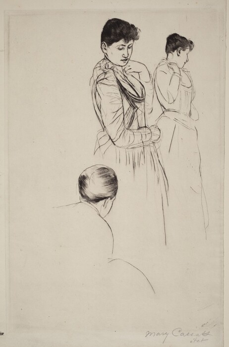 The image depicts three individuals in a sketch form. The central figure is shown from approximately the waist up with their head slightly turned downward and hand poised near their chest. They have short, dark hair and wear a high-necked long-sleeve outfit with a loose scarf or shawl around their shoulders. To the right is a second figure shown from behind in a similar posture. They also have short, dark hair and wear a similar outfit. Below the central figure is a third individual, visible from the top of their head and shoulders as they face away from the viewer. The background is plain, with no distinct objects or scenery visible. The artwork is signed by Mary Cassatt in the lower right corner.