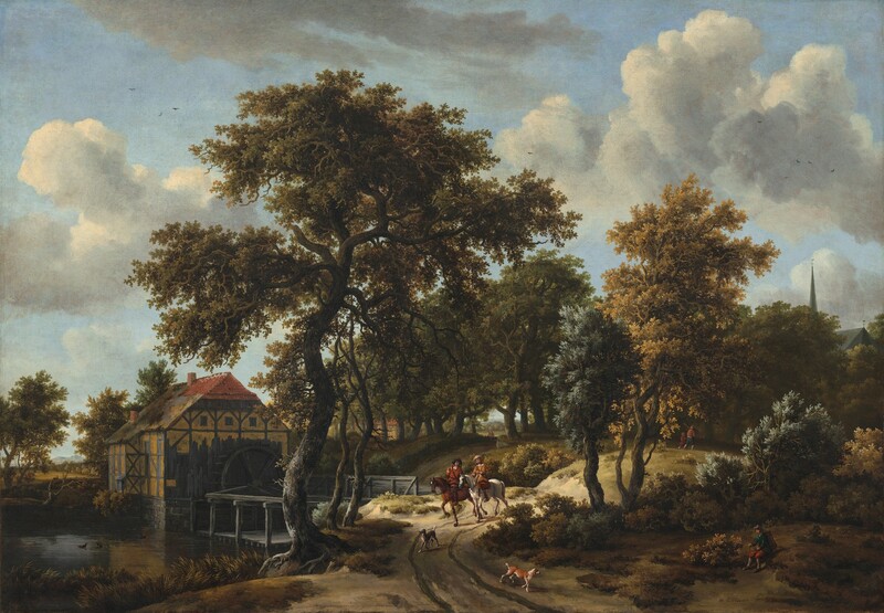 Two light-skinned men on horseback ride toward us on a rutted, country road set in a sweeping view with a watermill along a river to our left, and a screen of trees to our right in this horizontal landscape painting. The horizon comes about a third of the way up the composition, and many of the trees and the watermill are shown against the white and dove-gray clouds rolling across the pale blue sky. The riders are small in scale when compared to the landscape. The man to our left rides a chestnut-brown horse and wears a red jacket and a black, wide-brimmed hat pushed back on his head. The man to our right, on a silvery gray horse, wears a brown hat and clothing. White streaks at their necks and cuffs suggest lace or linen undershirts. Both horses walk with their bodies angled slightly to our left on the curving path. Two dogs trot ahead of the riders, toward us. A charcoal-gray, wooden bridge beyond the men to our left leads to the watermill. The squat, wide building is constructed on a stone foundation with wooden posts and beams that make a geometric pattern within the canary-yellow stucco. The gabled roof is covered with terracotta-red tiles at the peak closest to us, but the rest is thatched in gray and tawny brown. One small chimney rises from the center and the other from the end farther from us. A tall, water wheel is affixed to the shaded side of the building closest to us. A few ducks float in the grass-lined river near the lower left corner of the composition. The trees that dominate the right half of the canvas are painted with shades of moss, sage, and pine green and golden yellow. Only closer inspection reveals the tip of a church spire rising behind the treetops to our right. In the shadows beneath the trees, we also find a man wearing a tall sack on his back and holding a walking stick as he sits on a low rise near the lower right corner, and a man and child walking away from us along the path in the distance, into the trees.