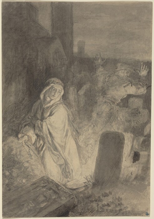 The drawing depicts a cloaked figure in profile standing in a cautious posture with their facial features and hands visible. The figure is in a graveyard with a person in the background looking startled. The scene is dimly lit with gravestones and a large building in the background.