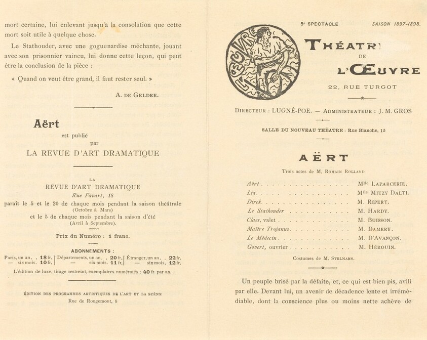 Théâtre de l'Œuvre, for the Playbill of "Aert"