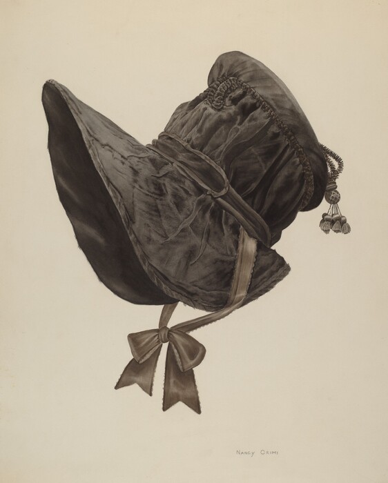 The image displays a large, intricately designed bonnet with a pleated and slightly curved brim and a decorative ribbon and bow on the side. The bonnet is mainly in shades of brown and black, giving it a vintage look. Positioned in the center of the image, the ribbon bow hangs down on the right. The detailing on the top consists of a braided accent and small tassels on the side, adding to the ornate appearance.