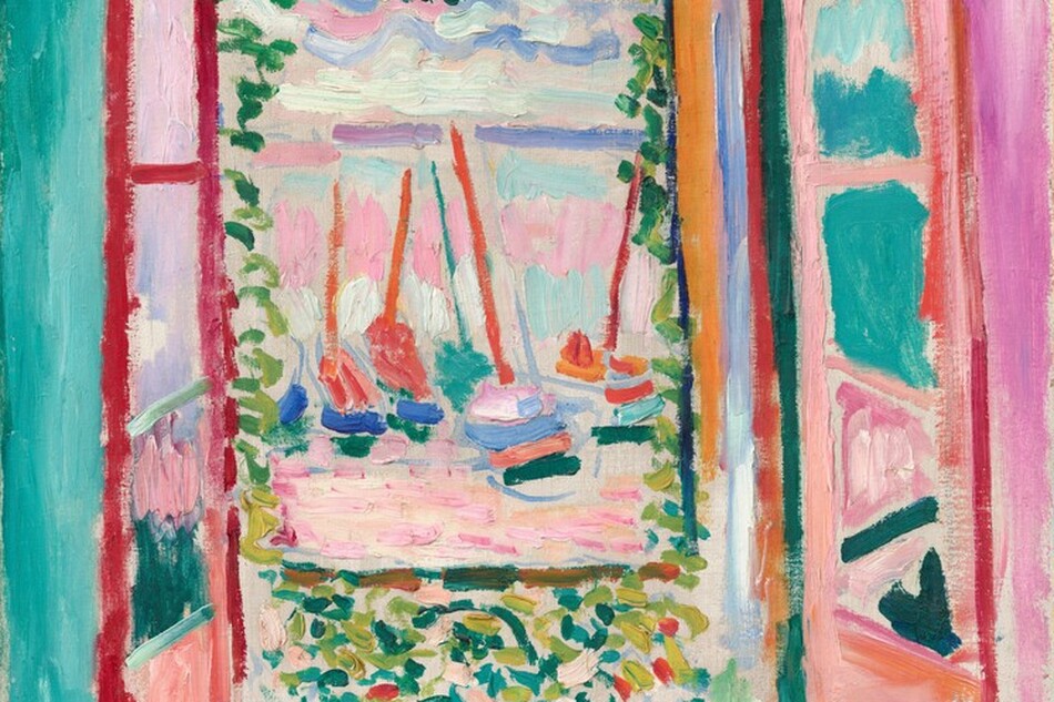 A French window with its sill lined with flowerpots opens into a view of boats floating in a body of water in this loosely painted, vibrantly colored, stylized, vertical painting. The doors open inward, and they are painted with coral orange and cranberry red. The wall behind the door to the left is peacock blue and the wall to our right is fuchsia pink, and those colors are reflected in the opposite windows of the doors. Three flowerpots in crimson red, marmalade orange, or royal blue sit on the windowsill in front of us. Foliage in the pots is painted with short strokes of cardinal red and turquoise blue. Over the window, a two-paned transom window pierces a forest-green wall. The view through the panes has a band of salmon pink across the top and dabs of celery green and banana yellow below. The dabs and dashes of pine and lime green continue down the sides of the window and across the sill, suggesting vines growing up around the opening. A band of ultramarine blue beyond the flowerpots could be a balcony. Several rust-orange masts of ships with hulls painted with swipes of indigo blue, flamingo pink, forest green, and marigold orange float in the water beyond. The water is painted with parallel strokes in pale pink and butter yellow. The sky above is painted with thick, wavy lines of steel blue, periwinkle purple, and seafoam green. The artist signed the work in red paint in the lower right, “Henri Matisse.”