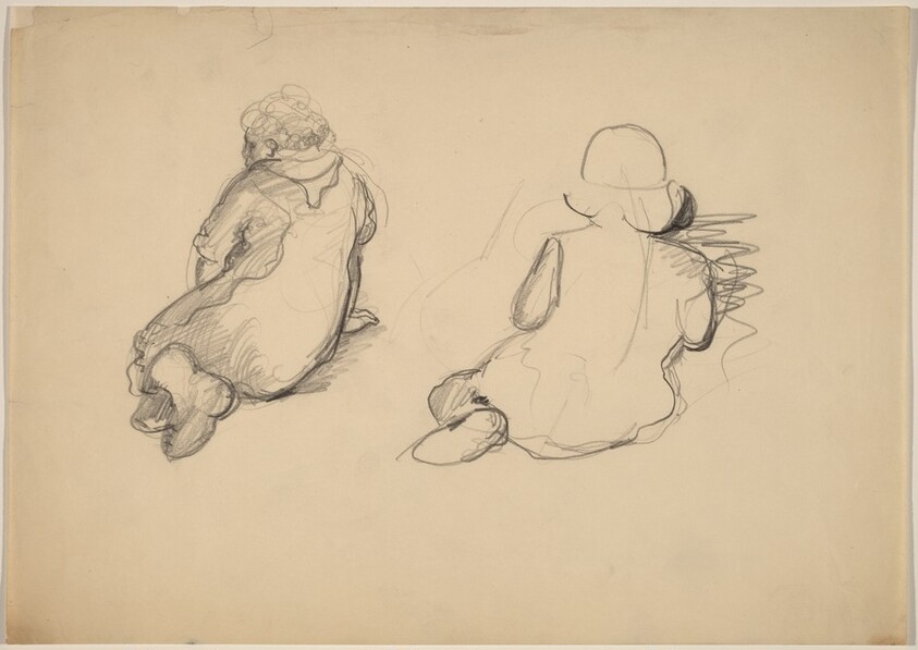 Rear View of Two Seated Figures, One Wearing a Hat