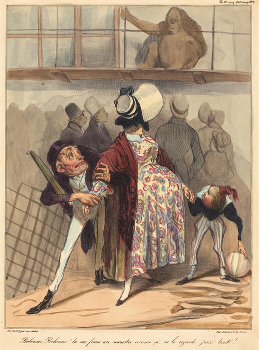 This is a painting of an orangutan enclosed behind bars in the upper part of the composition, while a crowd in colorful clothing stands below, looking up with various expressions. Among the crowd are individuals in vivid attire, including a figure dressed in a colorful robe, another in striped pants holding a hat, and others wearing formal hats. The expressions on their faces range from wide-eyed amazement to comedic dismay. This is in style of Honoré Daumier.