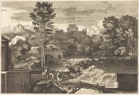 Landscape with Two Figures on a Bridge, Sébastien Bourdon