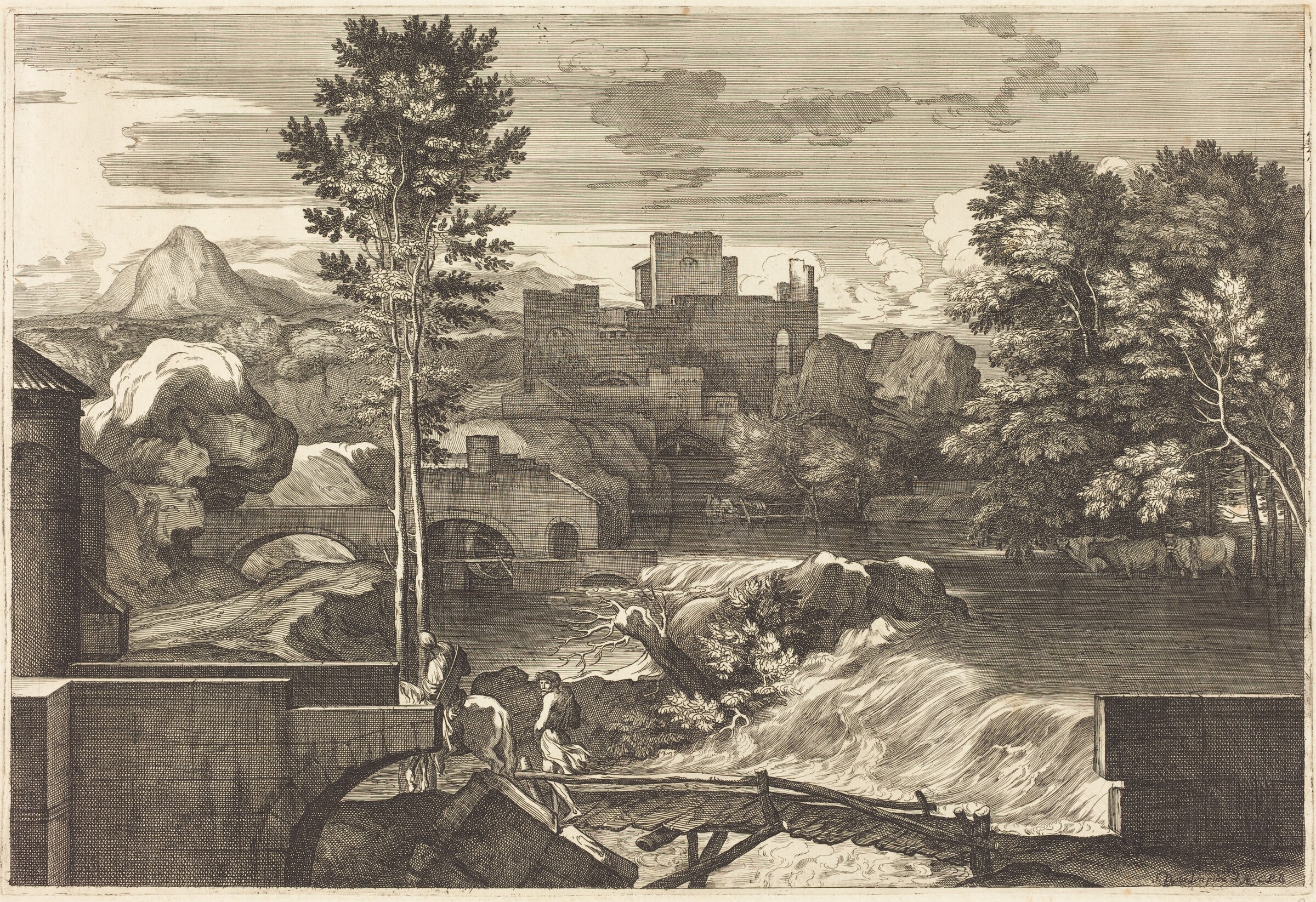 Landscape with Two Figures on a Bridge, Sébastien Bourdon