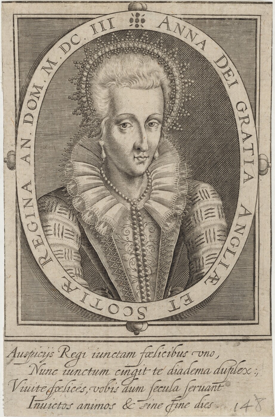 The image shows an engraved portrait of a person with intricate details. The portrait depicts the upper body and head of the person facing slightly to the side. The person has delicate features such as eyebrows, eyes, nose, and mouth. The hair is styled upwards. The person is dressed in elaborate attire with a high collar, lace patterns, and a strand of pearls. Earrings are visible. The person is enclosed within an oval frame with inscriptions in Latin. The background features detailed line work and shading typical of engravings of that period, with no specific scenery depicted beyond the oval.