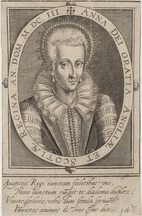 The image shows an engraved portrait of a person with intricate details. The portrait depicts the upper body and head of the person facing slightly to the side. The person has delicate features such as eyebrows, eyes, nose, and mouth. The hair is styled upwards. The person is dressed in elaborate attire with a high collar, lace patterns, and a strand of pearls. Earrings are visible. The person is enclosed within an oval frame with inscriptions in Latin. The background features detailed line work and shading typical of engravings of that period, with no specific scenery depicted beyond the oval.
