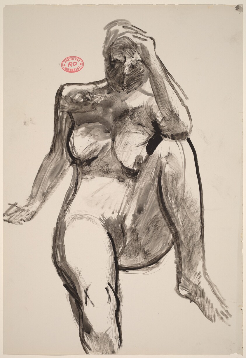 Untitled [front view of seated female nude with left hand on head]