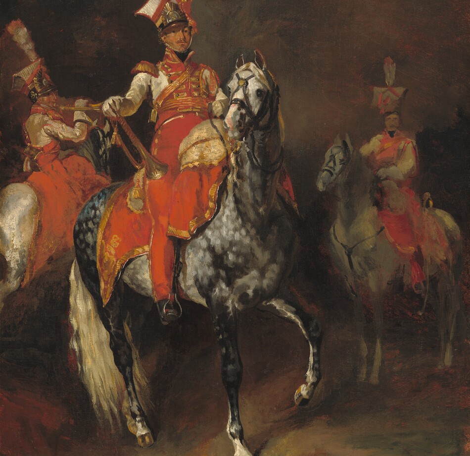 Three men on horseback wearing elaborate military uniforms in cream white, crimson red, and gold almost fill this vertical painting. Lit dramatically from the upper left, the men all have peachy, tanned skin. Their red and white uniforms are trimmed liberally with gold. Each man wears a red sash across his chest, cream-white gloves that reach back to mid-forearm, and a tall hat topped with a single, stiff, white feather. At the center of the composition, the man closest to us rides a horse dappled with silver, steel gray, and black, which raises a front hoof as if in mid-stride. The horse and rider’s bodies are angled to our right, but the horse looks back to our left as the man looks directly at us with small brown eyes. His slender nose slopes to a brown handlebar moustache that curves over his pale peach mouth. He leans slightly back in the saddle, which is draped with a scarlet-red blanket with gold trim. The leg we see, to our left, is extended straight in the stirrup, and the man braces a brass trumpet adorned with gold tassels against that thigh. His helmet has a high, square, white crown that comes to points to each side and in front. The boxy shape is outlined in red and has the stiff, bushy feather at the top front and a red tassel hanging along one side. An arched brass plaque with a capital N is affixed to the front of the helmet over a narrow brim. Though held in place with a chin strap, the helmet is slightly askew. To our left and behind the central man, a white horse and rider face away from us. This rider’s upper body is turned back slightly to our right so we see him in profile as he holds a brass horn to his lips. To our right and set father back, the third rider and his gray horse are very loosely painted so features of his face and costume are not clear. All three stand on a ground painted with swipes of caramel brown, mustard yellow, and pine green. The background is slightly darker, in smoky tones of brown, gray, and black with flicks of red. A dark mass, perhaps a deep shadow, rises to the right, behind the third horseman.