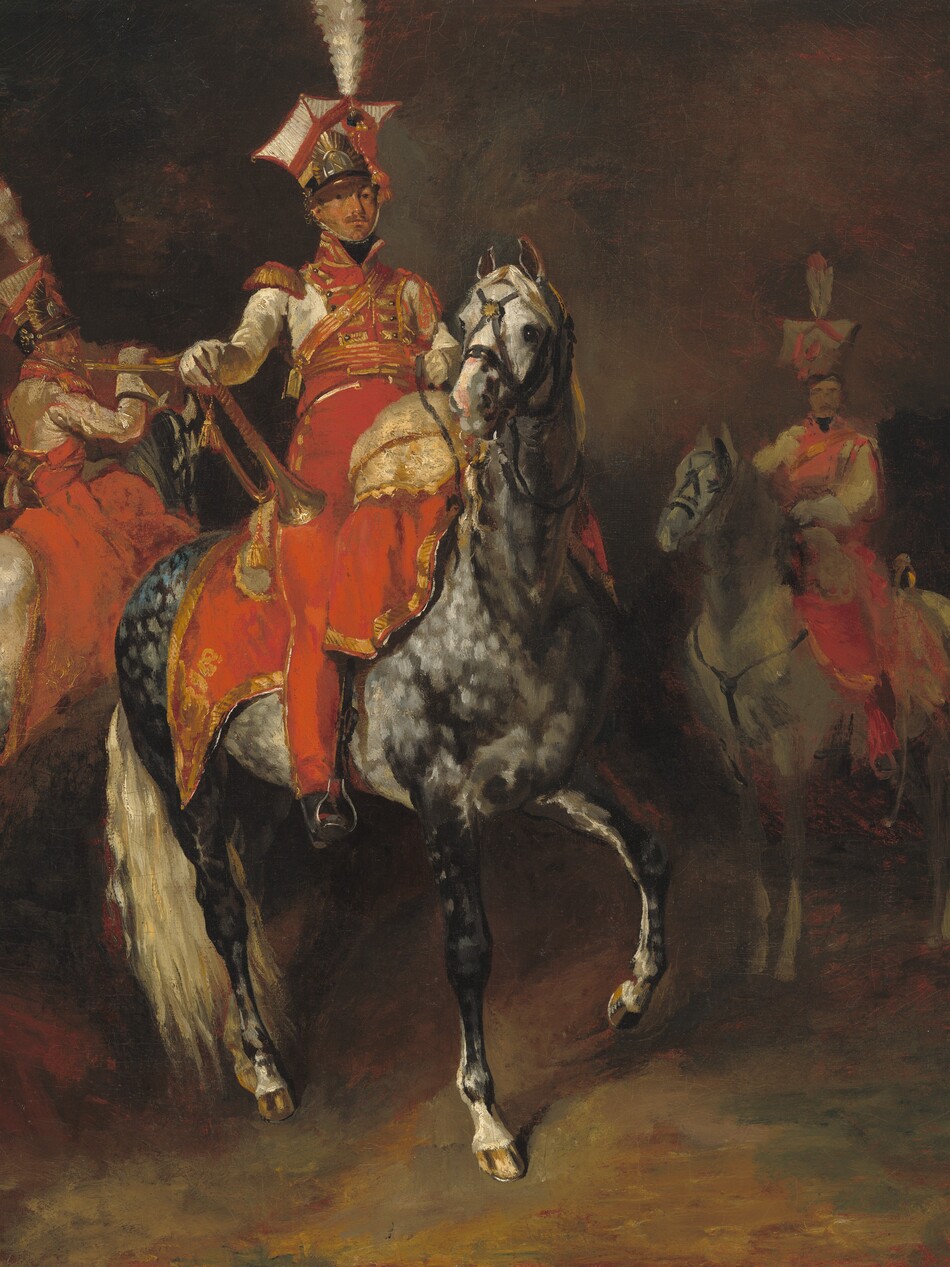 Three men on horseback wearing elaborate military uniforms in cream white, crimson red, and gold almost fill this vertical painting. Lit dramatically from the upper left, the men all have peachy, tanned skin. Their red and white uniforms are trimmed liberally with gold. Each man wears a red sash across his chest, cream-white gloves that reach back to mid-forearm, and a tall hat topped with a single, stiff, white feather. At the center of the composition, the man closest to us rides a horse dappled with silver, steel gray, and black, which raises a front hoof as if in mid-stride. The horse and rider’s bodies are angled to our right, but the horse looks back to our left as the man looks directly at us with small brown eyes. His slender nose slopes to a brown handlebar moustache that curves over his pale peach mouth. He leans slightly back in the saddle, which is draped with a scarlet-red blanket with gold trim. The leg we see, to our left, is extended straight in the stirrup, and the man braces a brass trumpet adorned with gold tassels against that thigh. His helmet has a high, square, white crown that comes to points to each side and in front. The boxy shape is outlined in red and has the stiff, bushy feather at the top front and a red tassel hanging along one side. An arched brass plaque with a capital N is affixed to the front of the helmet over a narrow brim. Though held in place with a chin strap, the helmet is slightly askew. To our left and behind the central man, a white horse and rider face away from us. This rider’s upper body is turned back slightly to our right so we see him in profile as he holds a brass horn to his lips. To our right and set father back, the third rider and his gray horse are very loosely painted so features of his face and costume are not clear. All three stand on a ground painted with swipes of caramel brown, mustard yellow, and pine green. The background is slightly darker, in smoky tones of brown, gray, and black with flicks of red. A dark mass, perhaps a deep shadow, rises to the right, behind the third horseman.