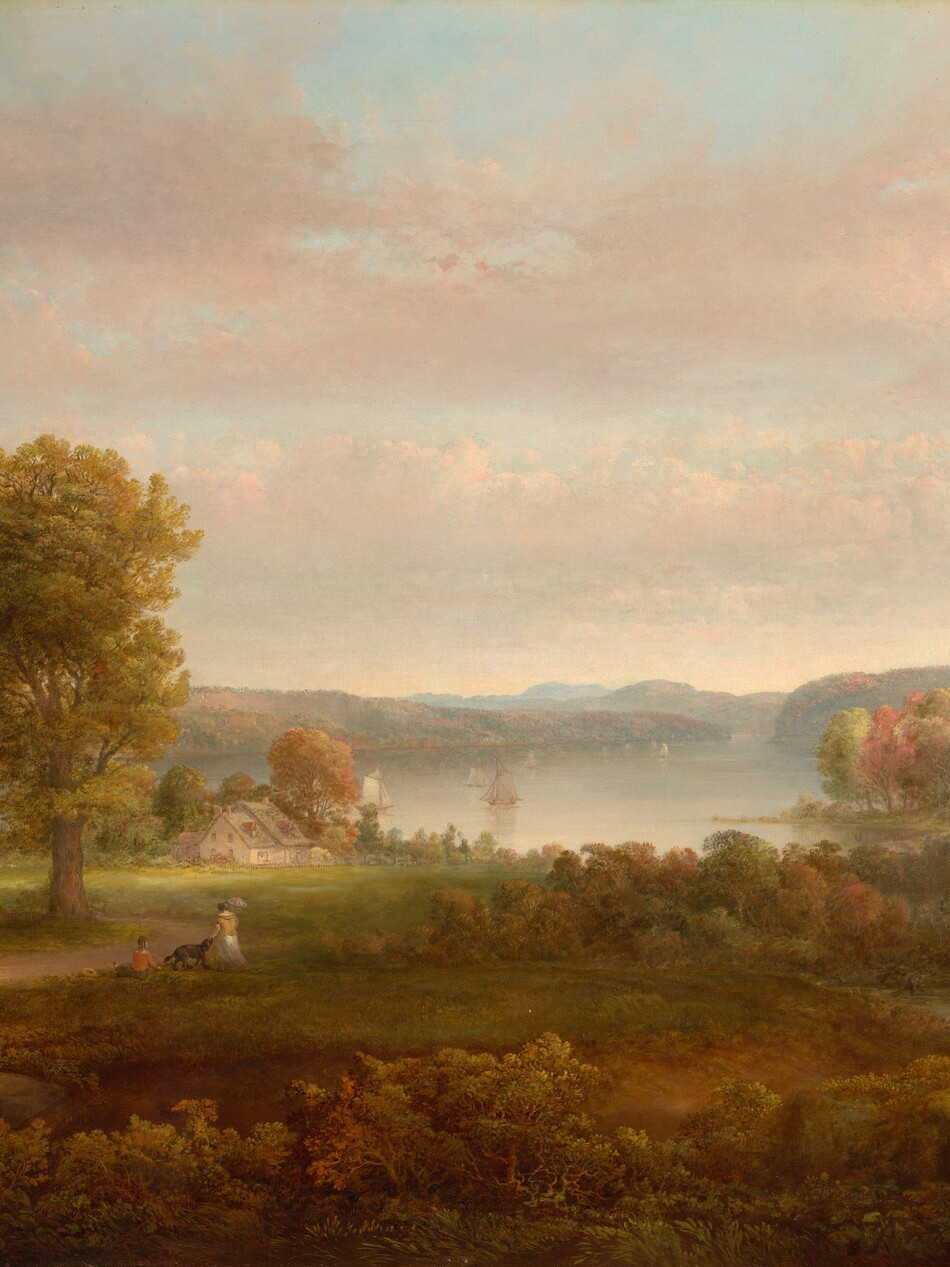The image is a landscape painting portraying a rural scene. The viewpoint is slightly elevated, offering a wide view of the landscape. There are rolling hills, trees, and sailboats on the water beyond. In the foreground, there is a grassy area with figures and a dog. Various colors are present in the foliage, including greens, reds, and oranges, suggesting autumn.