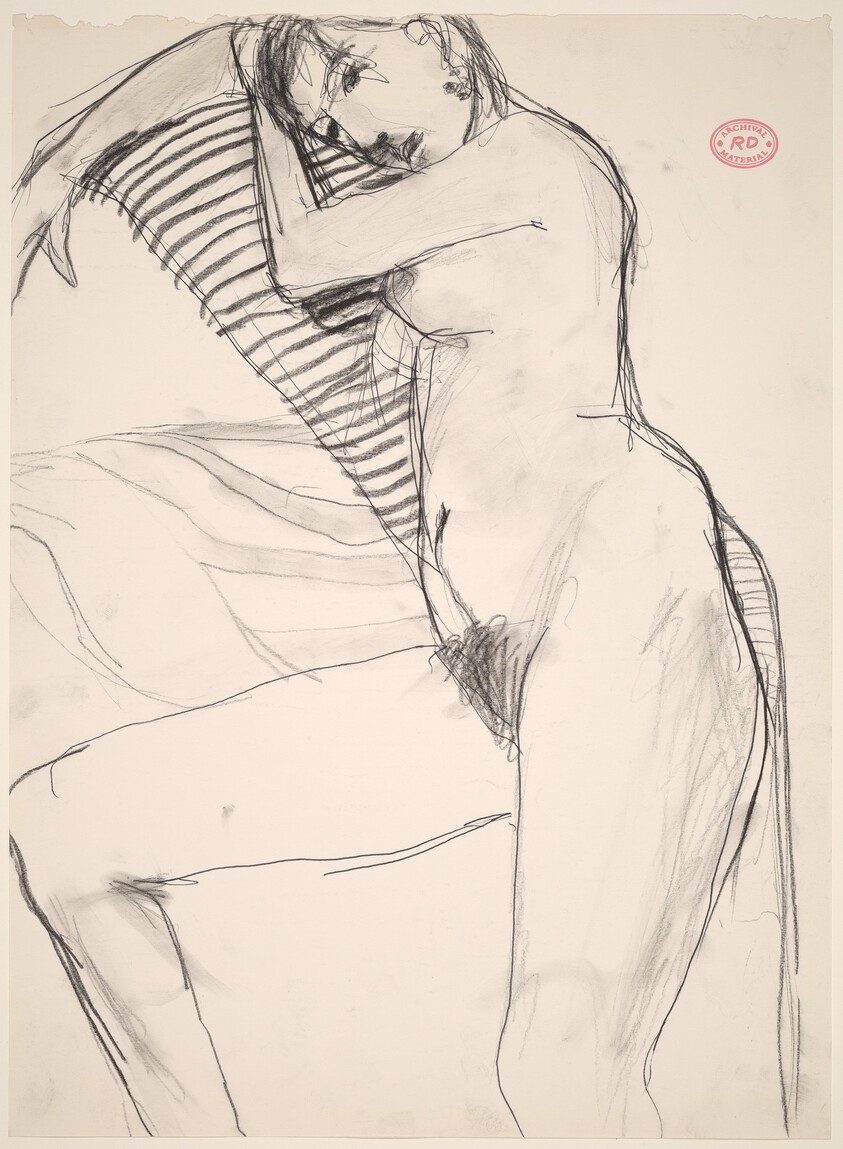 Untitled [female nude with striped bedding]