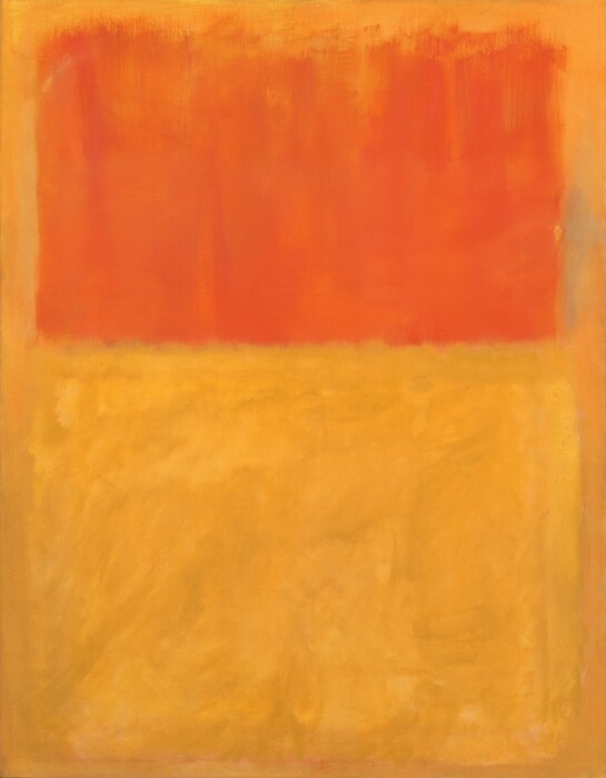 A tangerine-colored rectangle and a butter yellow rectangle float against a golden yellow field in this abstract, vertical painting. At the top, the tangerine rectangle extends nearly the width of the painting and goes from near the top edge to just short of halfway down the painting. Below it, a larger rectangle in glowing yellow tones anchors the bottom three-fifths of the painting. The yellow of the bottom rectangle varies from sunshine yellow to tan. The warm, ochre-colored background is painted in a flat, uniform way, and it creates a border around and between the rectangles. The brushstrokes within the rectangles have soft, indistinct edges, with a blurred effect. The tangerine-colored rectangle is formed with upward vertical strokes made with a wide brush that are denser at the bottom and end in a wispy edge at the top. The bottom yellow rectangle has varied brushwork that forms soft, and indistinct cloud-like shapes within the geometric form. At the bottom right edge of the upper, tangerine rectangle, a hint of a vertical, blue-green stroke of paint emerges from beneath the ochre background. Around the edges of the lower, yellow rectangle are subtle hints of tangerine and sometimes blue-green bleeding from around all four edges.