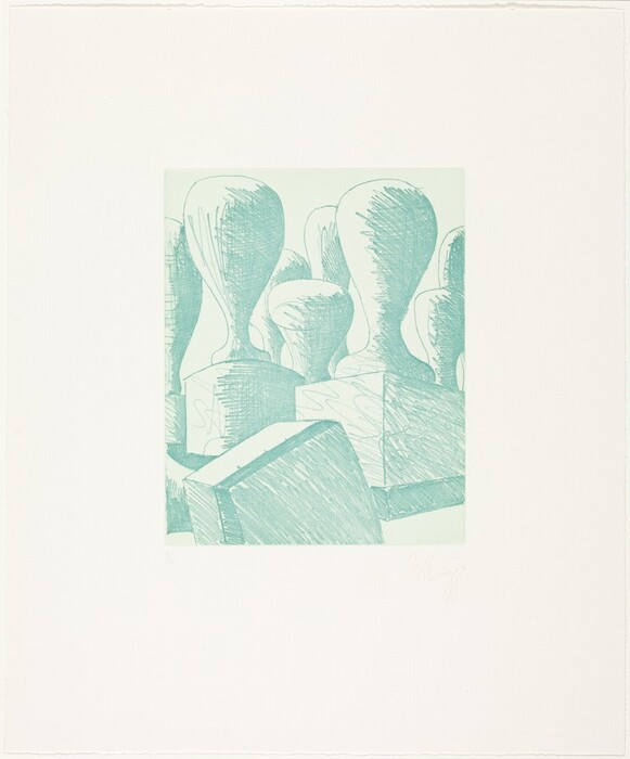 The image shows abstract shapes with smooth, rounded tops and solid rectangular bases. The forms resemble oversized stylized chess pawns or abstracted human heads perched on columns. The lines are sketchy and cross-hatched, suggesting texture and shading. The composition creates an illusion of depth and space through the arrangement of these shapes against a light background.