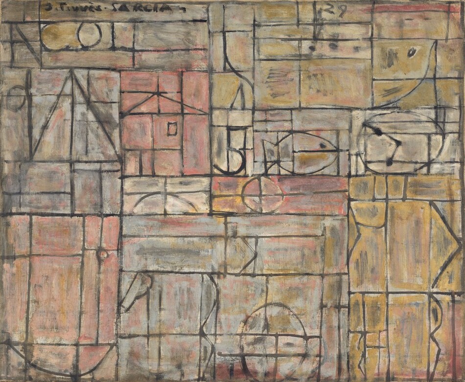 This painting consists of intersecting lines and geometric shapes, creating a complex grid-like structure that forms an abstract composition. Rectangles, triangles, circles are prominent.  Some parts of the image hint at familiar forms such as houses or fish, though they are not explicitly depicted. The color palette features shades of pale reds, yellows, and blues, in some cases the colors are blended together.