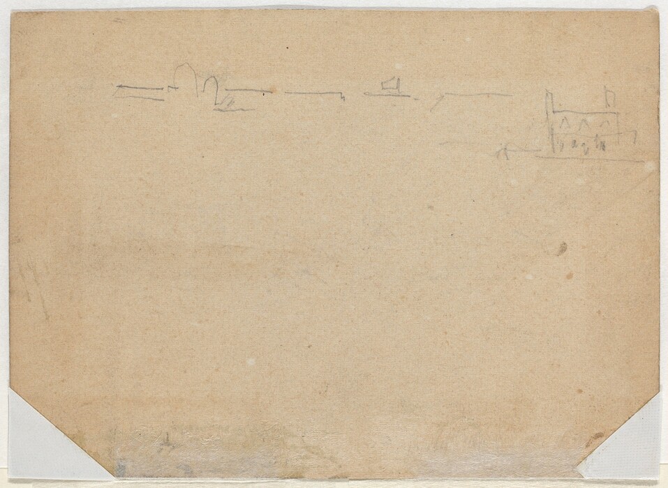 The image shows a minimalist sketch drawn from an elevated viewpoint. The horizon is near the center of the composition, marked by faint pencil lines depicting simple shapes suggesting buildings in the distance. The sketch is composed of light pencil strokes outlining basic contours without shading or extra details. The color palette is neutral, with beige paper and gray pencil lines.